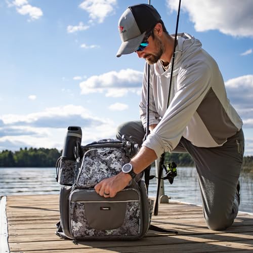 Piscifun Fishing Backpack with 2 Rod Holders & 4 Tackle Boxes, Large Tackle Storage Bag With Rain Cover for Fishing Gear - color: VEIL Camouflage