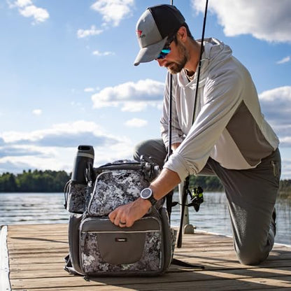 Piscifun Fishing Backpack with 2 Rod Holders & 4 Tackle Boxes, Large Tackle Storage Bag With Rain Cover for Fishing Gear - color: VEIL Camouflage
