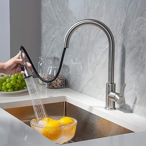 Single Handle Pull Down Kitchen Sink Faucet with Dual Function Sprayer – Solid Brass Construction, High Arc 360 Degree Swivel Spout Kitchen Faucet, Easy-Clean Nozzles (Brushed Nickel, F102)