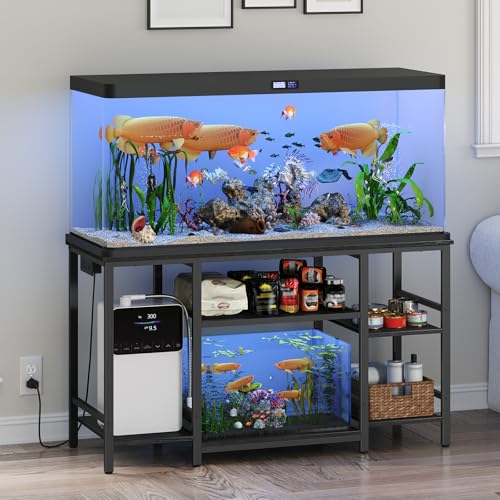 MAHANCRIS 55-75 Gallon Fish Tank Stand with Power Outlet, 3-Tier Metal Frame Aquarium Stand, Heavy Duty Reptile Terrarium Tank Stand, 52.0" L x 19.7" W x 29.9" H, 800 LBS Capacity, Black FTBK55E01 - color: Black