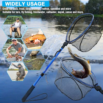 LBW Collapsible Fishing Net with Handle, Folding Kayak Net for Freshwater or Saltwater, Trout Catfish Bass Compact Rubber Landing Net - color: Telescopic Pole
