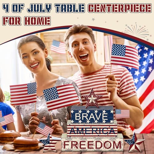 6 Pieces 4th of July Table Decorations Patriotic Wooden Block Signs Patriotic Centerpieces Freedom Brave Red White Blue Tiered Tray Decor for Home 250th Anniversary - style: Star
