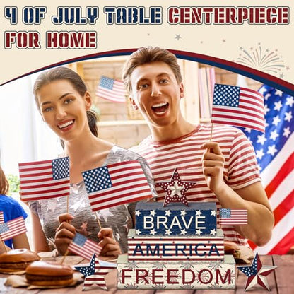 6 Pieces 4th of July Table Decorations Patriotic Wooden Block Signs Patriotic Centerpieces Freedom Brave Red White Blue Tiered Tray Decor for Home 250th Anniversary - style: Star