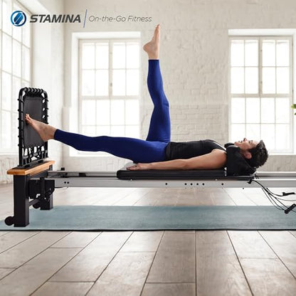 Stamina Products AeroPilates Board Reformer with Oak Wood Base – Studio Grade for Home Use with Cardio Rebounder, Adjustable Foot Bar, 4 Resistance Springs, and Workout DVD - style: AeroPilates Pro XP 556 Home Pilates Reformer with Free-Form Cardio Reboun