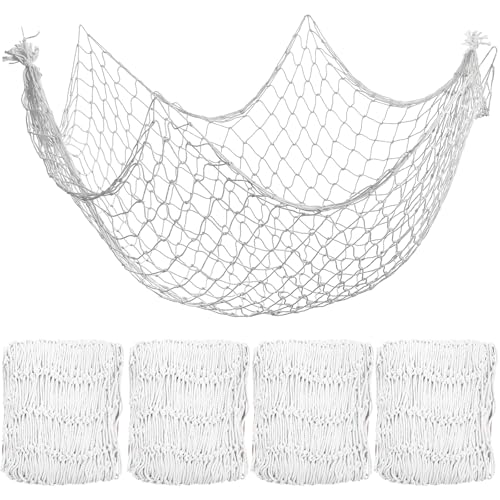 4 Pack Fish Net Decorative 80 x 40 Inch, Natural Cotton Fishing Net Wall Hanging Fishnet Decorations for Mermaid, Pirate, Nautical, Hawaiian, Under The Sea Themed Party Supplies, Beige