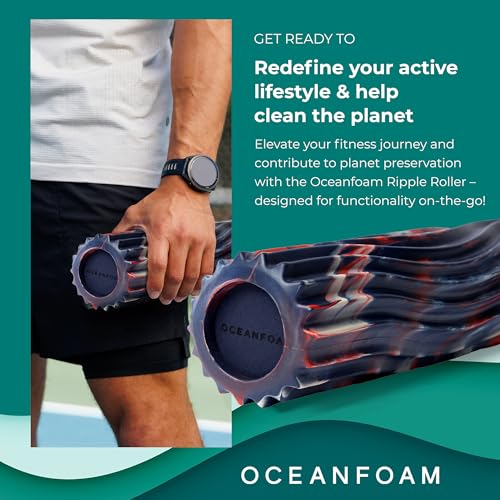 Oceanfoam Ripple Travel Foam Roller (11" x 3.35") Firm Mini Foam Roller for Physical Therapy, Deep Tissue Massage, Back Pain - High Density, Wave Textured - Yoga (Red, Dark Navy & Natural Marbled) - color: Red, Dark Navy & Natural Marbled