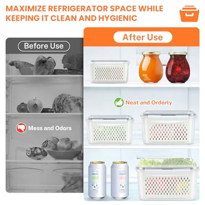 8 Pieces Fruit Storage Containers for Fridge with Lids and Strainer, 4Pack Fruit Containers for Fridge, Fresh Produce Saver Keeper for Vegetable Fruit Salad, BPA Free Fruit Organizer for Refrigerator
