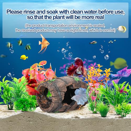 Fish Broken Barrel Decor Fish Tank Decorations Betta Fish Tank Accessories,Starfish Barrel x 1pc, Aquarium Plants x 11pcs - size: 12 Pcs