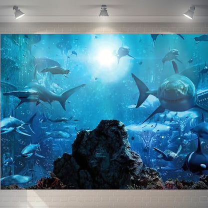 15x10ft Fabric Shark Theme Backdrop Deep-sea Ocean Shark Reef Aquarium Photography Background Birthday Theme Party Decoration Banner Kid Diver Portrait Photo Studio Props - size: 15x10 FT