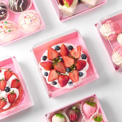 Pink Paper Cake Boxes with Clear Lids, 7 x 7 x 4 Inches, 20 Pack | Square Charcuterie Boxes, Disposable To Go Food Containers, For 4-6 Inch Cake, Jumbo Cupcakes, Bakeries - color: Pink