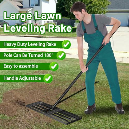 Lawn Leveling Rake 34"x10",Lawn Leveling Tool with 68" Long Adjustable Stainless Steel Handle for Leveling Soil,Grass,Sand or Dirt,Heavy Duty Lawn Leveler for Backyard,Garden,Golf Course,Farm,Pasture - style: 34"x10"
