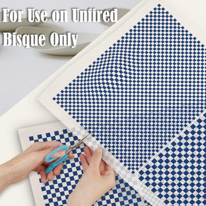 PLIGREAT 5 Pcs Vintage Plaid Underglaze Transfer Paper, 20.5x14.6in Blue Ceramic Decals Chessboard Under Glaze Transfers Art DIY Sticker for Pottery Enamel Decals DIY Handicraft Supplies - style: Plaid