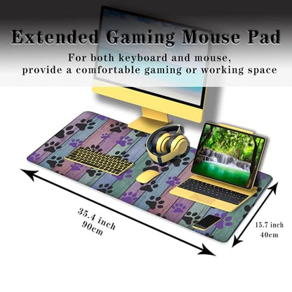 Gaming Mouse Pad Black and Purple, Big Mouse Pads Computer Desk Mat, Work Table Mat Non-Slip Rubber Base Waterproof with Stitched Edges, 35.4 X 15.7 inch for Work/Game/Office/Home Dog Paw - color: Dog Paw