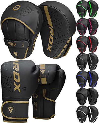 RDX Kids Boxing Pads and Gloves Set, Maya Hide Leather Kara Junior Hook and Jab Curved Focus Mitts Punching Gloves for MMA - color: GOLDEN