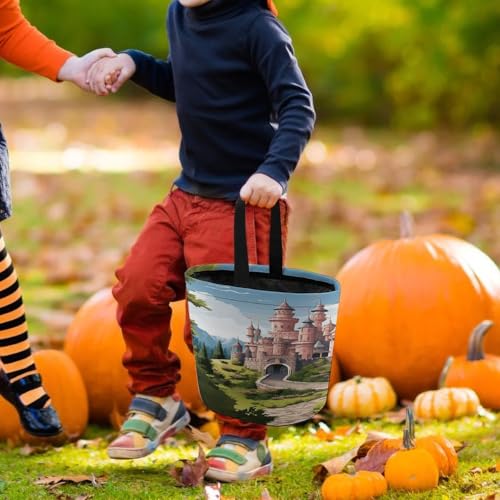 Halloween Trick Or Treat Bags With Handles Collapsible Candy Bucket Reusable Fairy Tale Castle Printed Goody Bucket For Holiday Party Gifts - color: Fairy Tale Castle