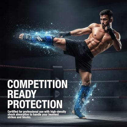 Green Hill IMMAF Shin Guards for MMA, Muay Thai & Kickboxing - color: Black/Blue, size: Small