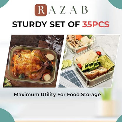Razab 35 Pc Set Glass Food Storage Containers with Lids - Meal Prep Airtight Bento Boxes BPA-Free 100% Leak Proof (15 lids,15 glass & 5 Plastic Sauce/Dip Containers) - color: Blue