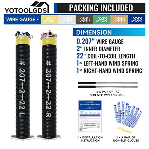 Pair of 2" Garage Door Torsion Springs Set with Non-Slip Winding Bars & Gloves, High Precision Electrophoresis Oil-Free Black Coated for Replacement, MIN 16,000 Cycles (0.207x 2" x 22'')