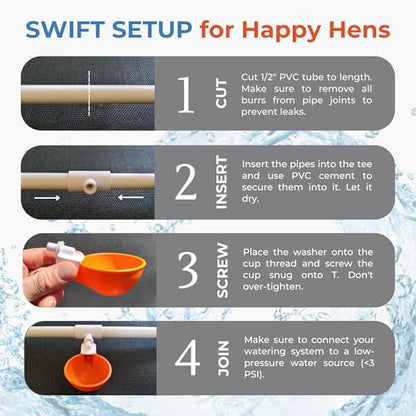 Lil'Clucker Large Automatic Chicken Waterer Cups with 1/2" PVC Tee Fittings - Chicken Water Cups, Chicken Water Feeder, for Chicks, Duck, Goose, Turkey - Poultry Waterer Feeder Kit (Orange, 8-Pack) - size: 8-Pack