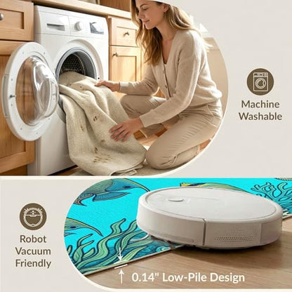 4'x6' Washable Modern Fish Area Rug, Turquoise Flatwoven Floor Mat Non-Slip Chair-Friendly Carpet for Home Office, Gaming Room, Under Desk | Ref:1909343