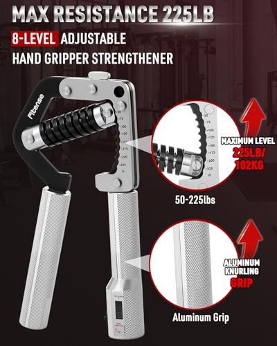 Fitense Grip Strength Trainer - Adjustable Hand Gripper Strengthener 8 Levels 50-225 lbs with Counter, Hand Grip Exerciser Wrist Strengtheners, Forearm, Finger & Hand Strength Training for Athletes, Climbers & Rehabilitation