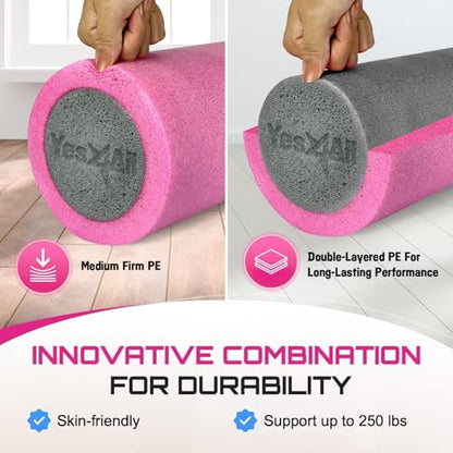 Yes4All Medium Firm Two-Layer PE Foam Roller for Yoga & Pilates - color: ‎18 Inches - Pink/Grey