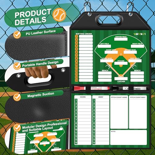 Magnetic Baseball Lineup Board, Foldable Clipboard for Coaches | Foldable lineup board with built-in handle, leather-covered surface. Baseball & softball coaching tool for dugout planning. - style: Baseball