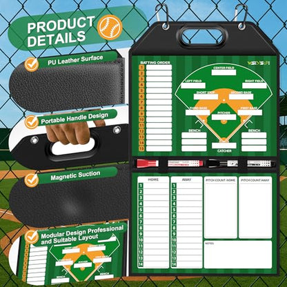 Magnetic Baseball Lineup Board, Foldable Clipboard for Coaches | Foldable lineup board with built-in handle, leather-covered surface. Baseball & softball coaching tool for dugout planning. - style: Baseball