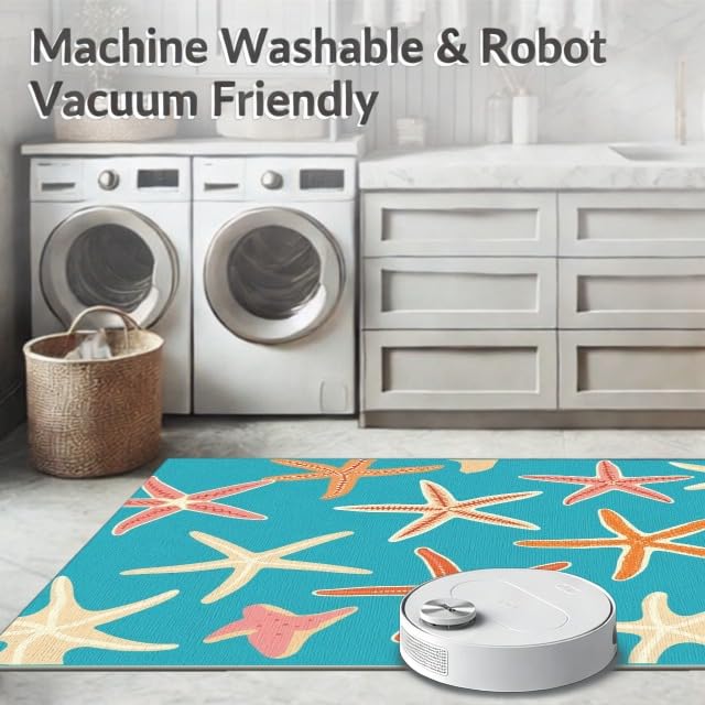 5'x7' Washable Beachy Starfish Area Rug, Teal Non-Shedding Pet Friendly Carpet Easy Care Kids Safe Mat for Small Living Room, Playroom, Bedroom | Ref:1891133 - color: Blue/Pattern 3, size: 5' x 7' (Rectangular)
