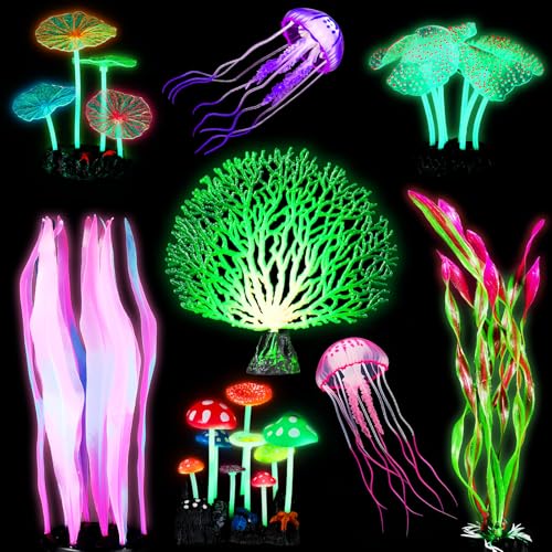 Frienda 8 Pieces Glowing Effect Fish Tank Decorations Artificial Plants with 2 Style Glowing Kelp, Sea Anemone, Simulation Coral, Jellyfish, Lotus Leaf, Mushroom for Aquarium Ornament(Purple, Pink) - color: Purple, Pink