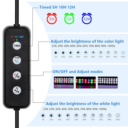 AQQA Full Spectrum Aquarium Light,Fish Tank Lights for Plant Growth Fish Viewing,3 Mode White Blue Red Green LED Beads,Timer,Adjustable Brightness,Extendable Brackets for Freshwater 18W for 18-24inch
