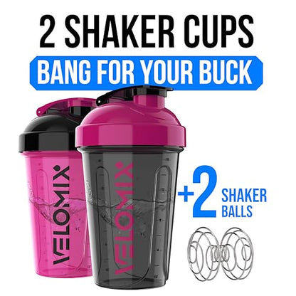 VELOMIX 2 Pack 20oz Protein Shaker Bottle for Protein Mixes, Black - color: A6) Black/Pink