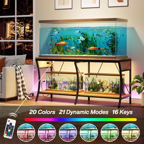 55-90 Gallon Fish Tank Stand, Metal Aquarium Stand, Power Outlets - color: Light Brown and Black