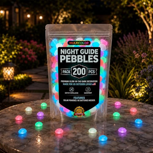 Glow in the Dark Rocks for Garden Decor, Night Guide Pebbles, Outdoor Landscaping Stones, Multicolor Luminous Accents for Aquarium & Fish Tank, Yard Pathways & Planters (200, Multi)