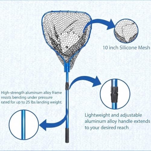 UMT Telescopic Fishing Landing Net (3.6–5 ft) — 17" x 19" Large Hoop, 10" Deep Silicone Rubber Mesh, Tight Handle Fit, for Freshwater & Saltwater, Blue
