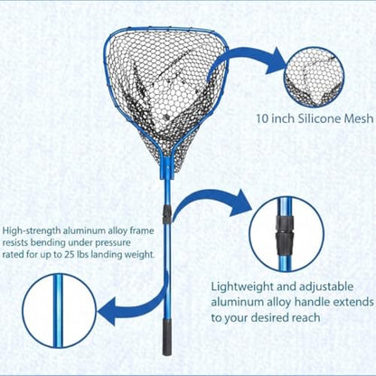 UMT Telescopic Fishing Landing Net (3.6–5 ft) — 17" x 19" Large Hoop, 10" Deep Silicone Rubber Mesh, Tight Handle Fit, for Freshwater & Saltwater, Blue
