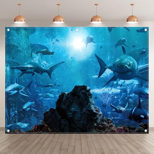 Fabric 8x6ft Shark Theme Photography Backdrop Underwater Deep Ocean Animals Fish Background Aquarium Kids Party Decorations Photo Banner Props