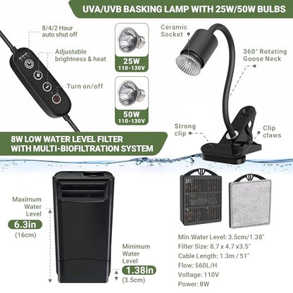 GOZILLA Aquatic Turtle Tank+Lamp+Filter Kit, Upgrade PC Turtle Tank Kit with Adjustable 360°Lamp & Filter,Reptile Habitat Lid,Hanging Platform for Small Reptiles.(19.68× 9.52× 9.44''/Large-Black)