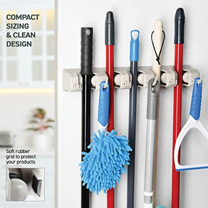 HOME IT Mop and Broom Holder Wall Mount Hanger, Heavy Duty 5 Slots 4Hooks - color: Off-White, size: 1 Pack 5-position, 6-Hooks