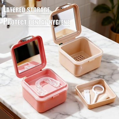 Denture Case Kit, Retainer Cleaning Case False Teeth, Retainer Cleaning Denture Bath Cup with Mirror Use in Denture Bridges, Denture Soaking Container, Traditional Braces for Travel （Pink） - color: pink