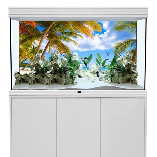 AWERT 30x18 inches Fish Tank Background Nature Landscape Aquarium Background Beach Blue Sky White Clouds Coconut Trees Beach Theme Wave and Sky Aquarium Backdrop Decor Sea Scenery Fish Tank Background - size: 30x18in/75x45cm