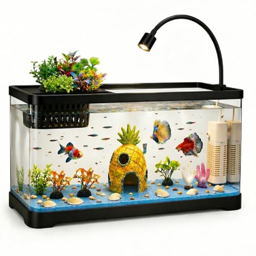 5 Gallon Fish Tank Aquarium Starter Kit with Filter and Light, All in One Small Fish Tank for Betta, Kids & Desktop Use, Self Cleaning Nano Aquarium with Lid(Large Black) - color: Black, size: Large