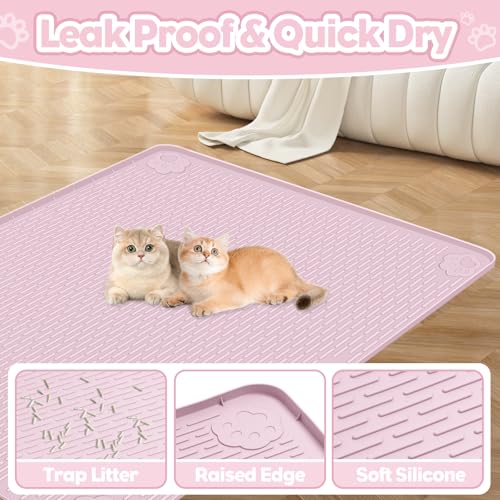 Cat Litter Mat, Extra Large 40" x 28" Silicone Mat Litter Trapping Mat for Scatter Control, Soft on Kitty Paws, Easy to Clean (Pink) - color: Pink