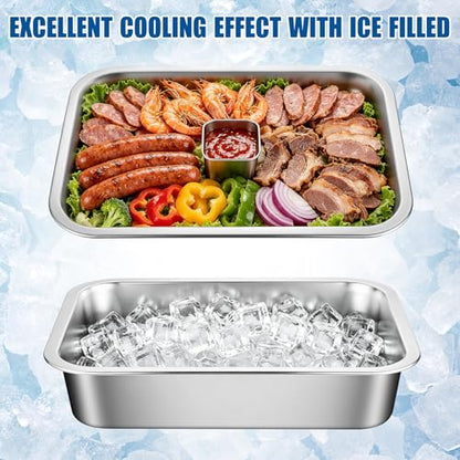 2-Set 14“ X 10.4” Chilled Serving Trays, Shrimp Cocktail Serving Dish, Cooling Platter Charcuterie Board for Appetizer Salad Buffet Parties, Food Chillers for Party Dishwasher Safe, Stainless Steel - size: 2-Set Square