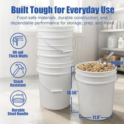 5 Gallon Bucket - Food Grade Bucket with Airtight Gasketed Tear Strip Lid, BPA-Free, Heavy-Duty 90 Mil HDPE Plastic Pail, Bulk Storage, Durable Container, Made in USA - White, 1 Pack - color: White, size: 1 Pack