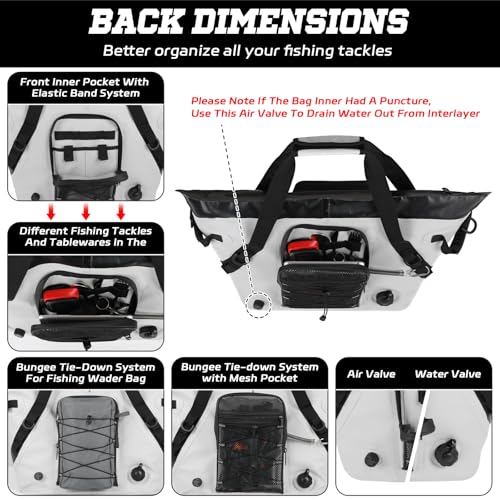 Insulated Fish Cooler Kill Bag with Flat Bottom-26x18 31x14 40x16 50x18 60x20 70x25 Inches Waterproof Fishing tackle Kill Cooler Bag - color: Light Grey-26x18x9