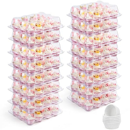 LotFancy (12 Count x 40 Sets) Mini Cupcake Containers with 480 Liners, Clear Plastic Cupcake Boxes Holders, Dozen Disposable Cupcake Carriers with Detachable Lid - size: Mini (40 sets)