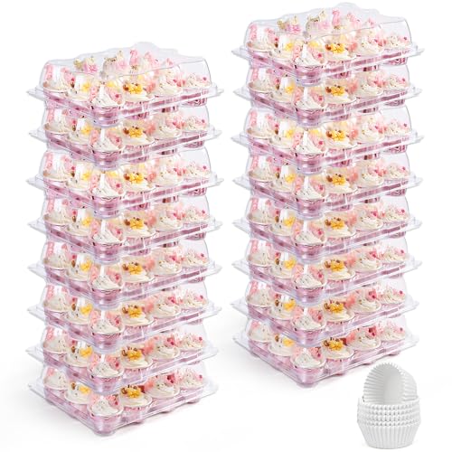 LotFancy (12 Count x 40 Sets) Mini Cupcake Containers with 480 Liners, Clear Plastic Cupcake Boxes Holders, Dozen Disposable Cupcake Carriers with Detachable Lid - size: Mini (40 sets)