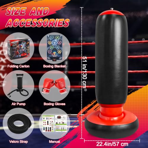 Kids Punching Bag with Gloves & Pump, Inflatable Boxing Set Electronic Boxing Bag with Music & Lights, Freestanding Martial Arts Toy with 4 Smart Game Modes, Birthday Gift for Boys and Girls Ages 4-12