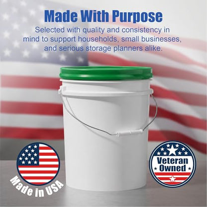 5 Gallon Bucket - Food Grade Bucket with Airtight Gamma Seal Screw-On Lid, BPA-Free, Heavy-Duty 90 Mil HDPE Plastic, Bulk Storage, Durable Container, Made in USA, White/Green, 3 Packs